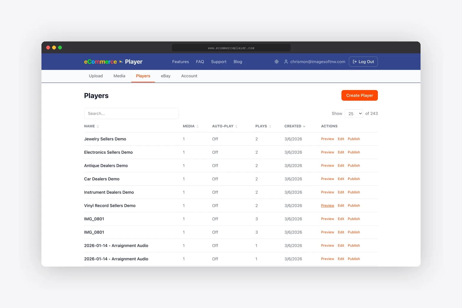 eCommercePlayer players page showing playlist management