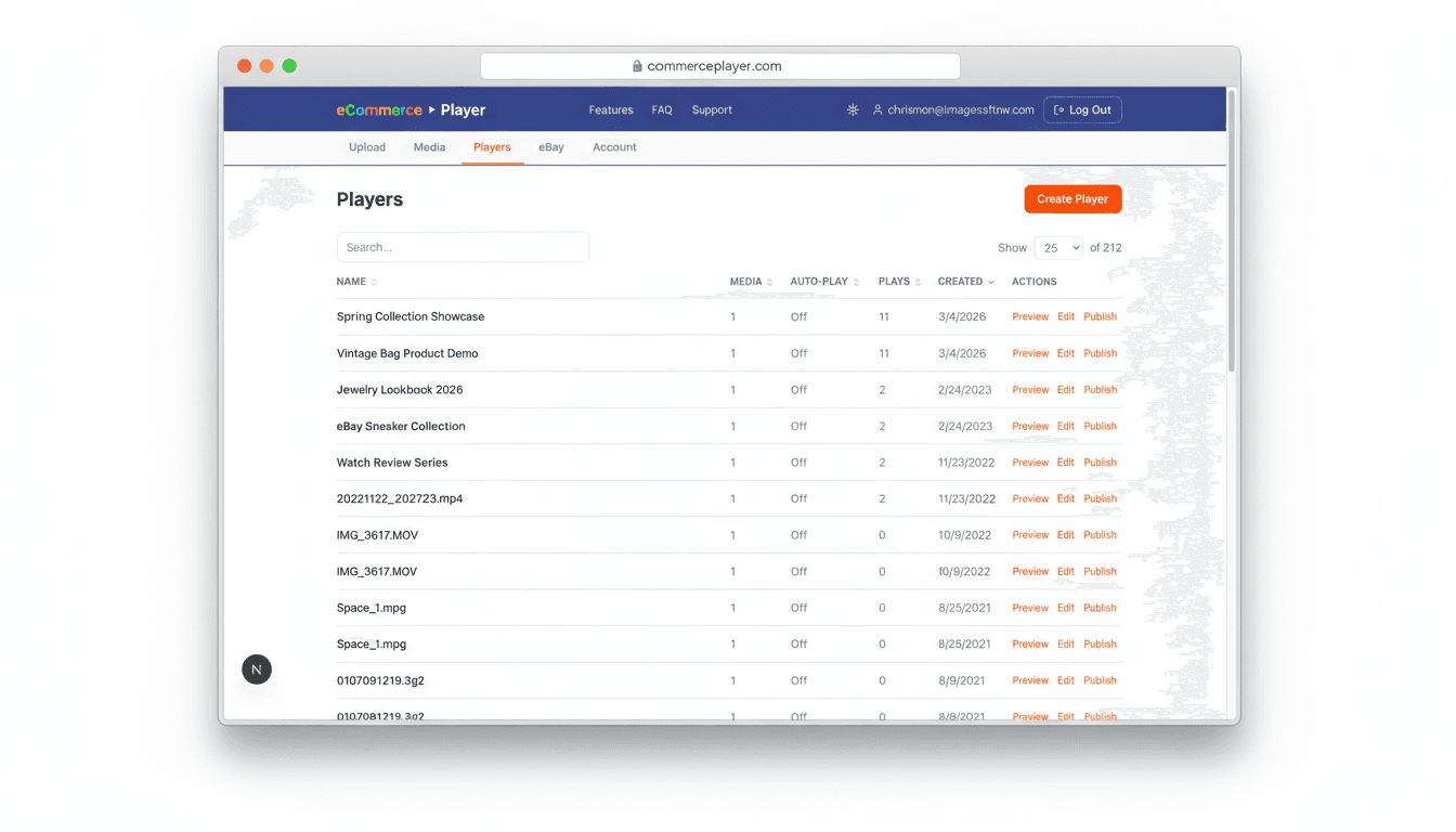 eCommercePlayer players page showing playlist management