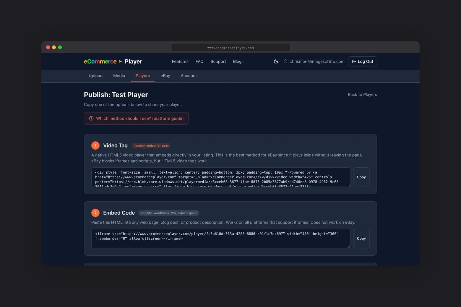 Publish page with embed code tab selected