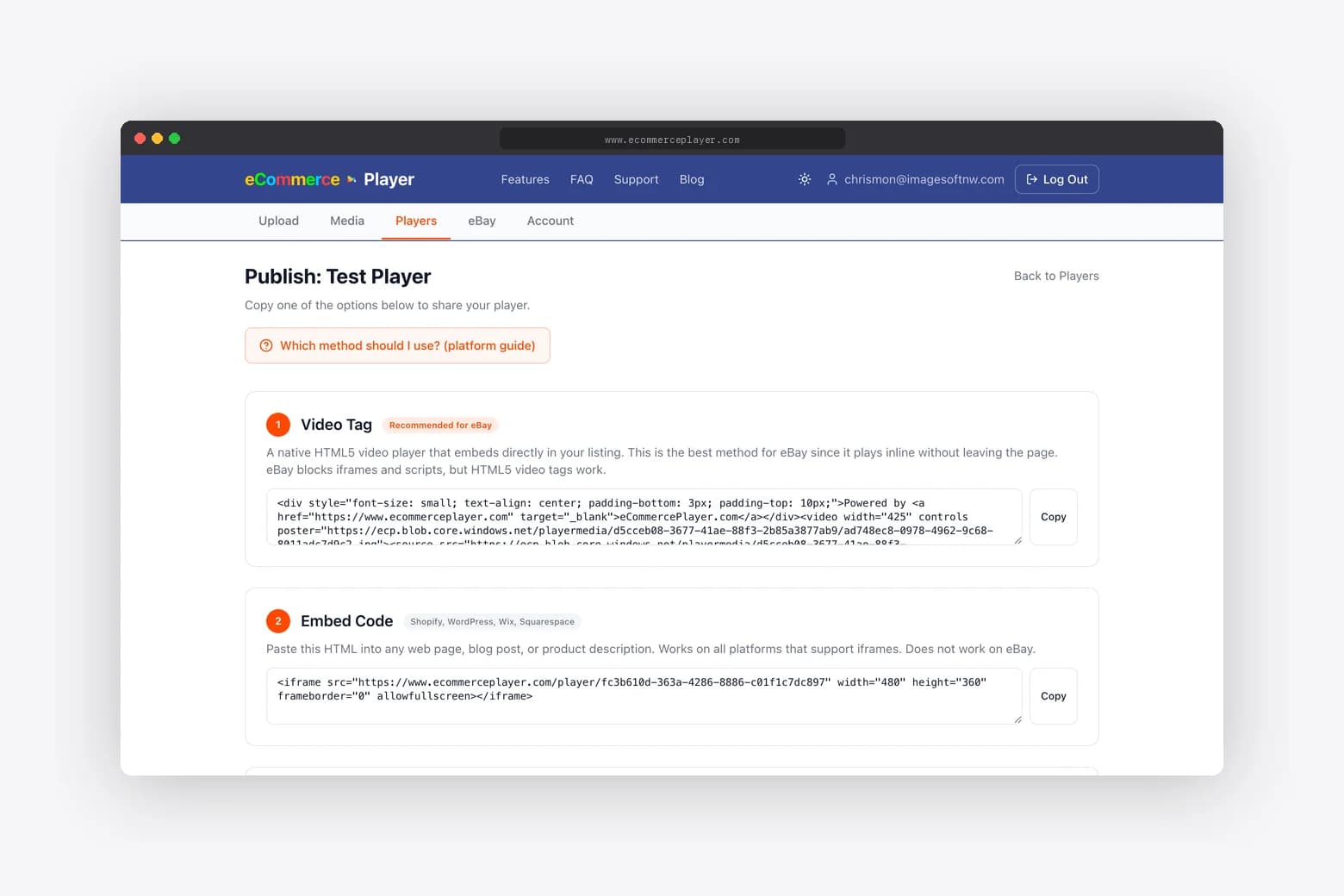Publish page with embed code tab selected