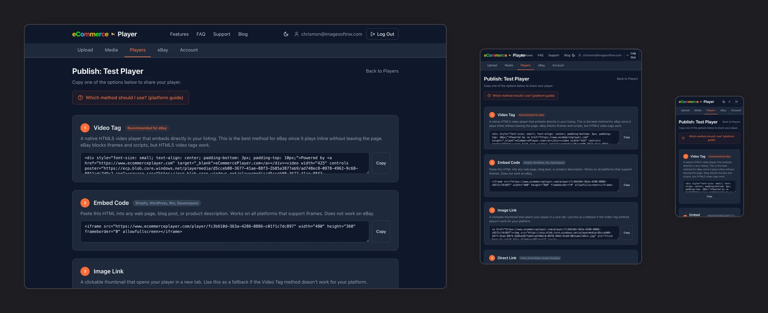 eCommercePlayer media player shown on desktop, tablet, and phone