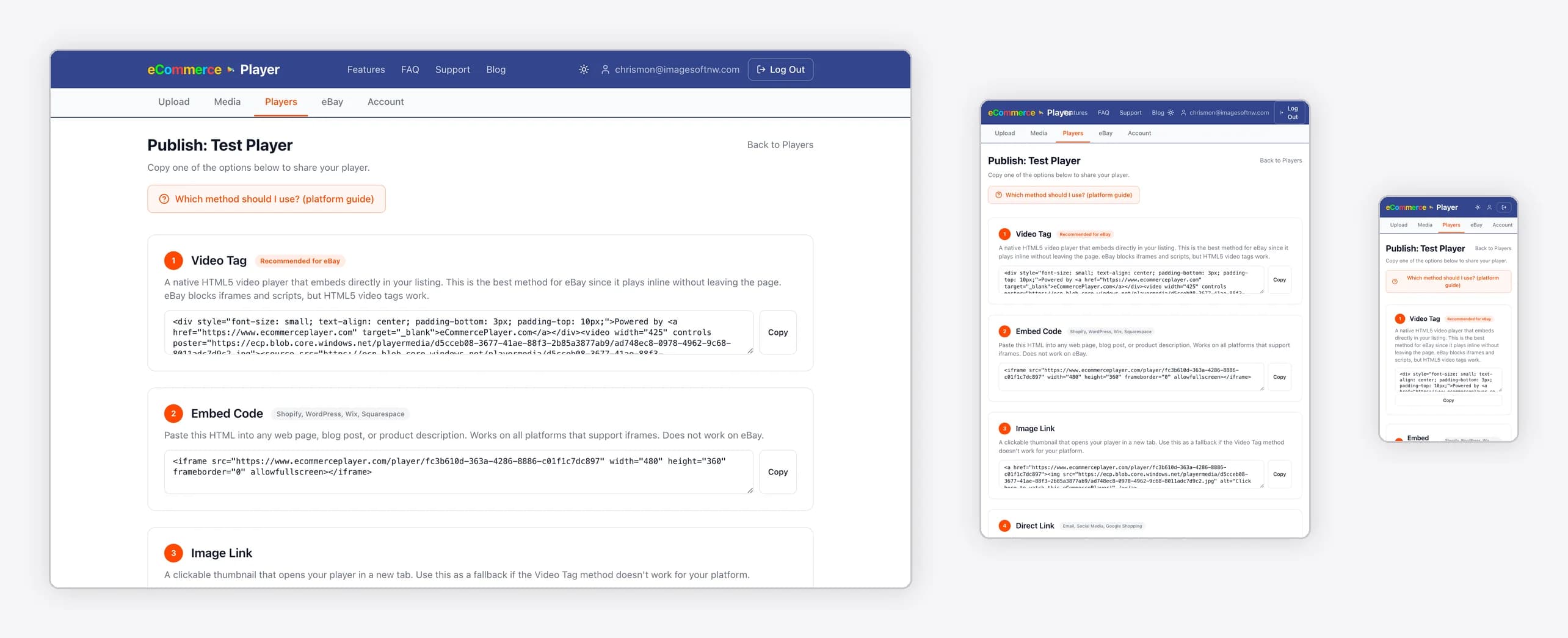 eCommercePlayer media player shown on desktop, tablet, and phone
