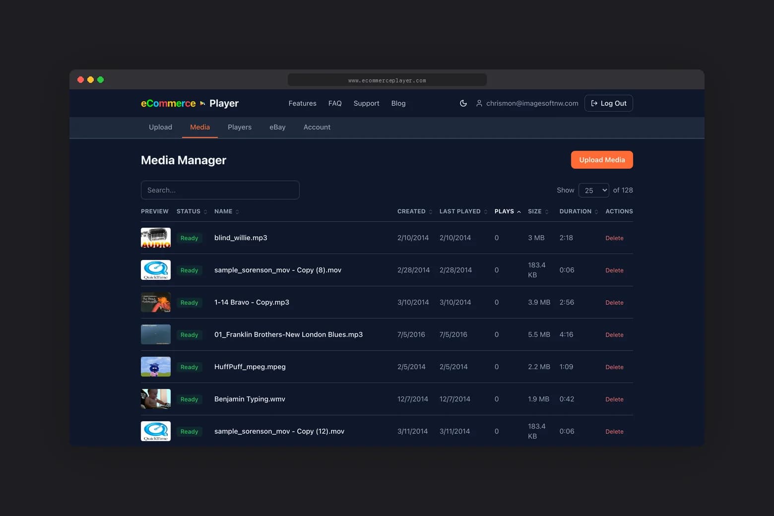 eCommercePlayer media manager sorted by play count
