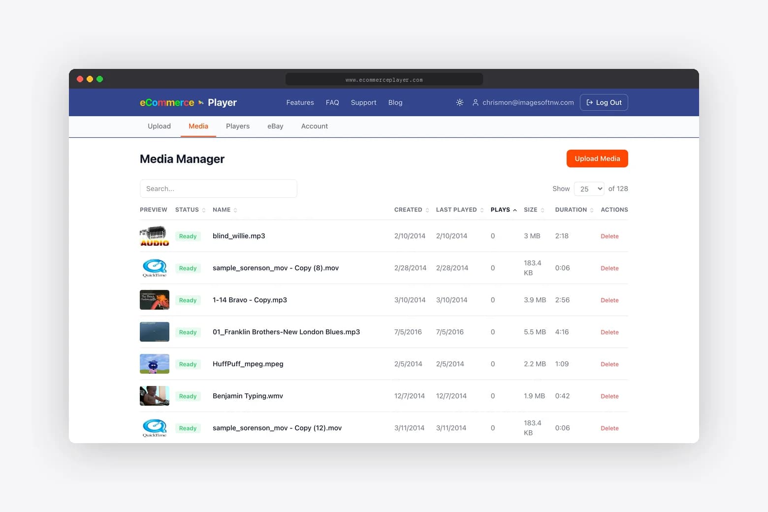 eCommercePlayer media manager sorted by play count