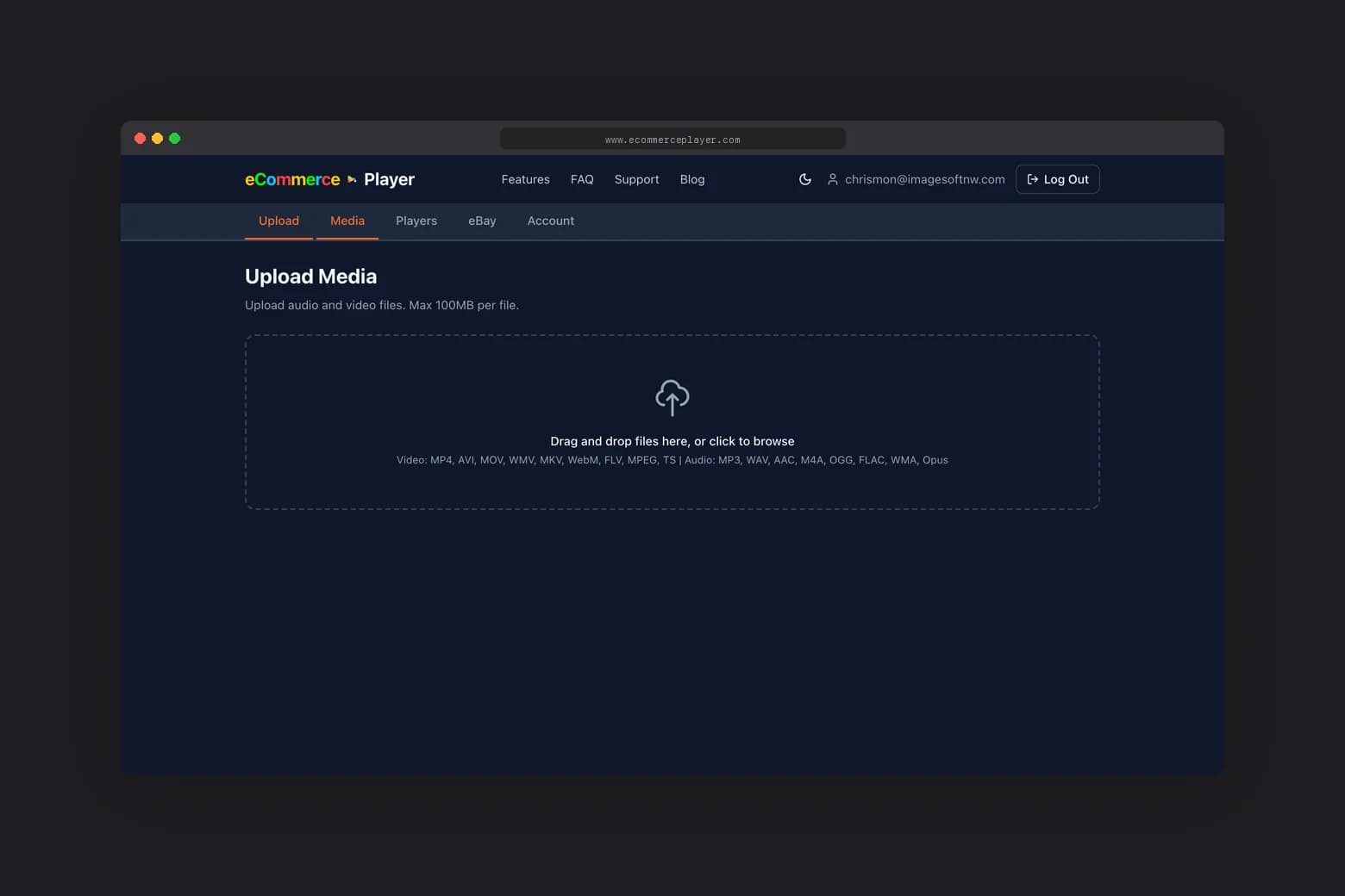 eCommercePlayer upload page with drag-and-drop dropzone