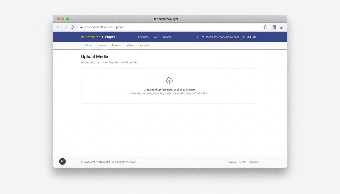 eCommercePlayer upload page with drag-and-drop dropzone