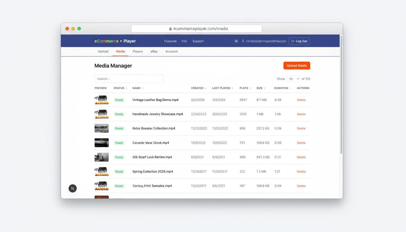 eCommercePlayer Media Manager showing uploaded media files with play counts